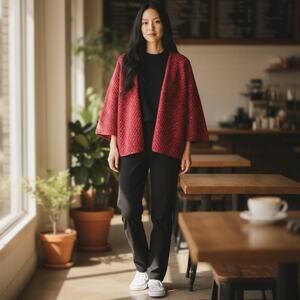 Chico Red 100% Silk Woven Kimono Jacket | SZ 2 | Open Front Lux Lagenlook EUC